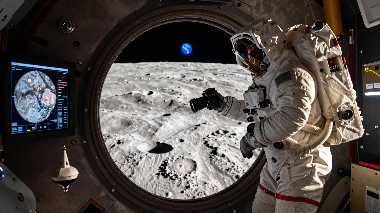 Astronauta com fato espacial a tirar fotos da superfície lunar através de uma janela com vista para a Terra.