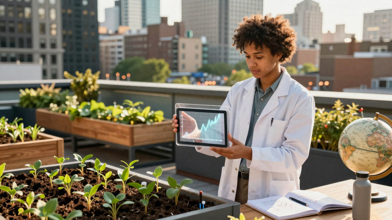 Cientista em bata branca analisa gráfico num tablet num jardim urbano com plantas e um globo.