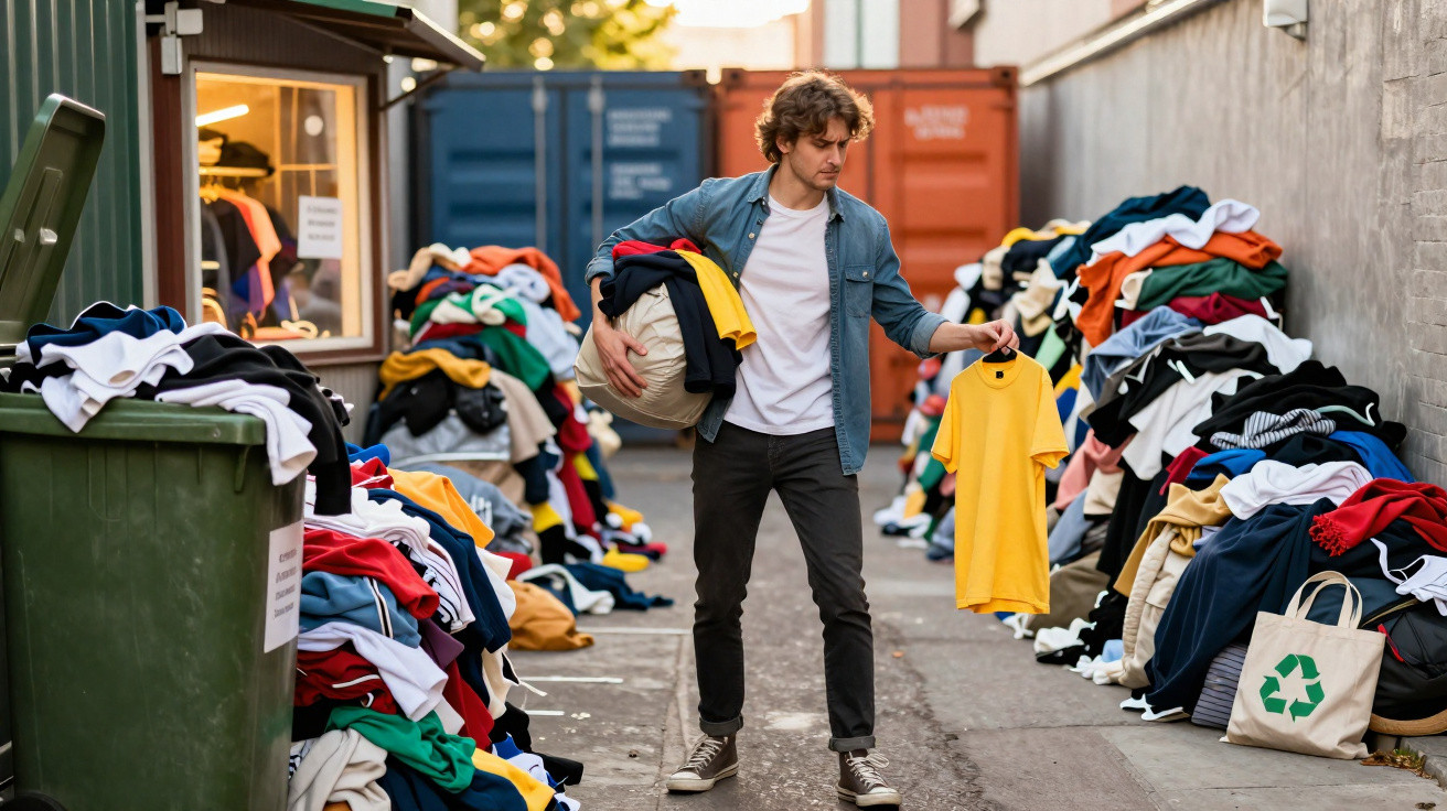 Homem escolhe roupa amarela entre pilhas de roupas para reciclagem num beco urbano.
