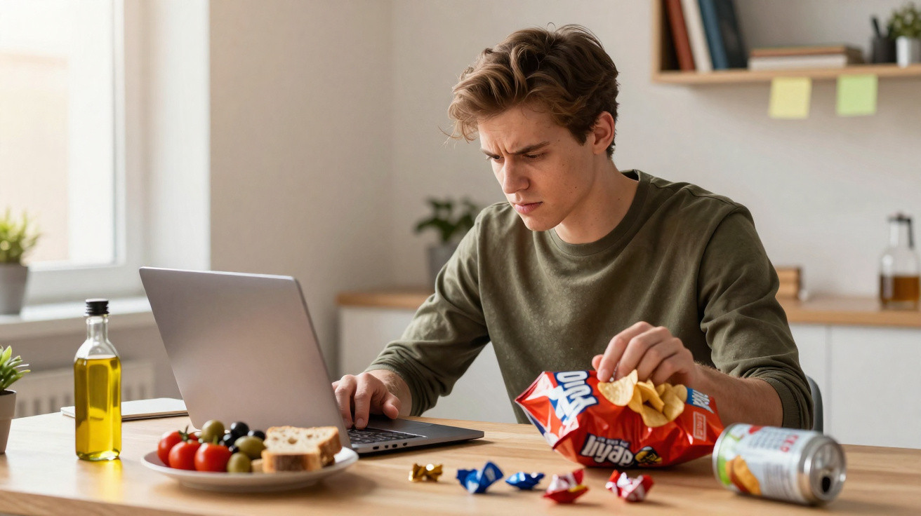 Jovem concentrado a usar computador portátil numa cozinha, com saco de batatas e snacks sobre a mesa.