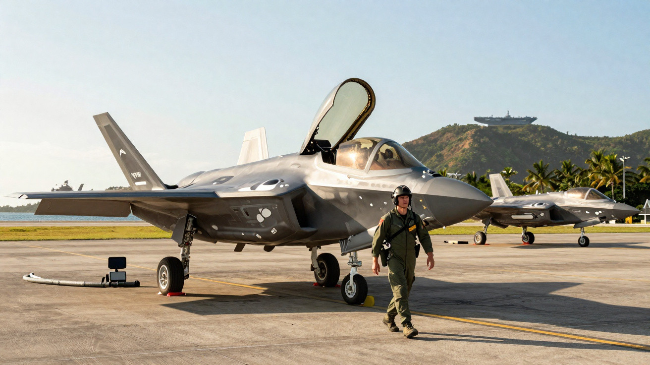 Avião de caça F-35 estacionado com piloto a caminhar em pista, com mais um caça e montanha ao fundo.