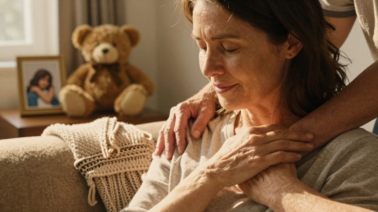 Mulher a receber abraço reconfortante de outra pessoa, sentadas num sofá junto a um urso de peluche.
