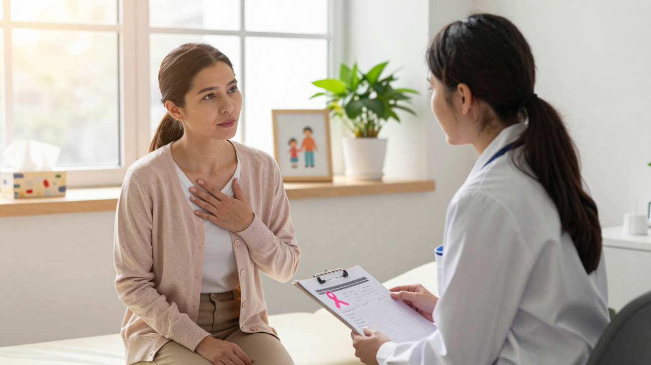 Paciente conversa com médica sobre resultados de exames num consultório iluminado.