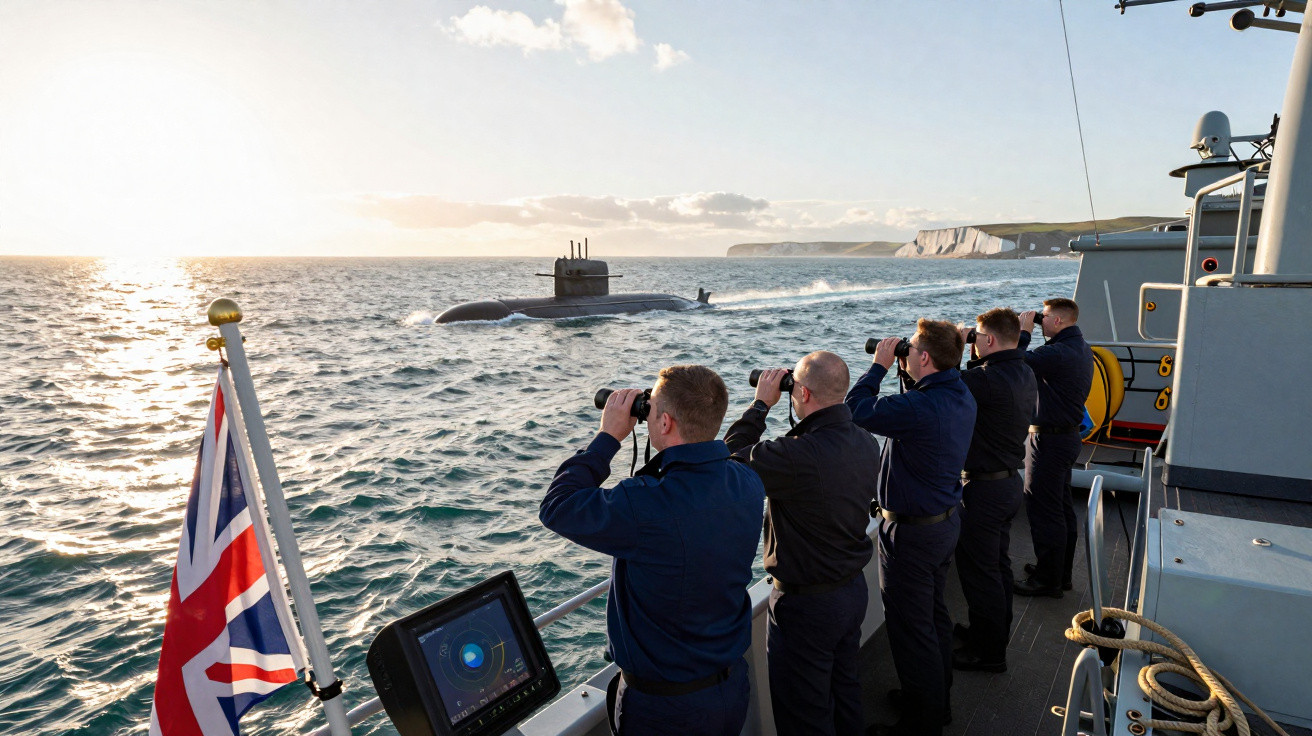 Cinco marinheiros observam com binóculos um submarino a emergir no mar ao pôr do sol, com bandeira britânica ao lado.