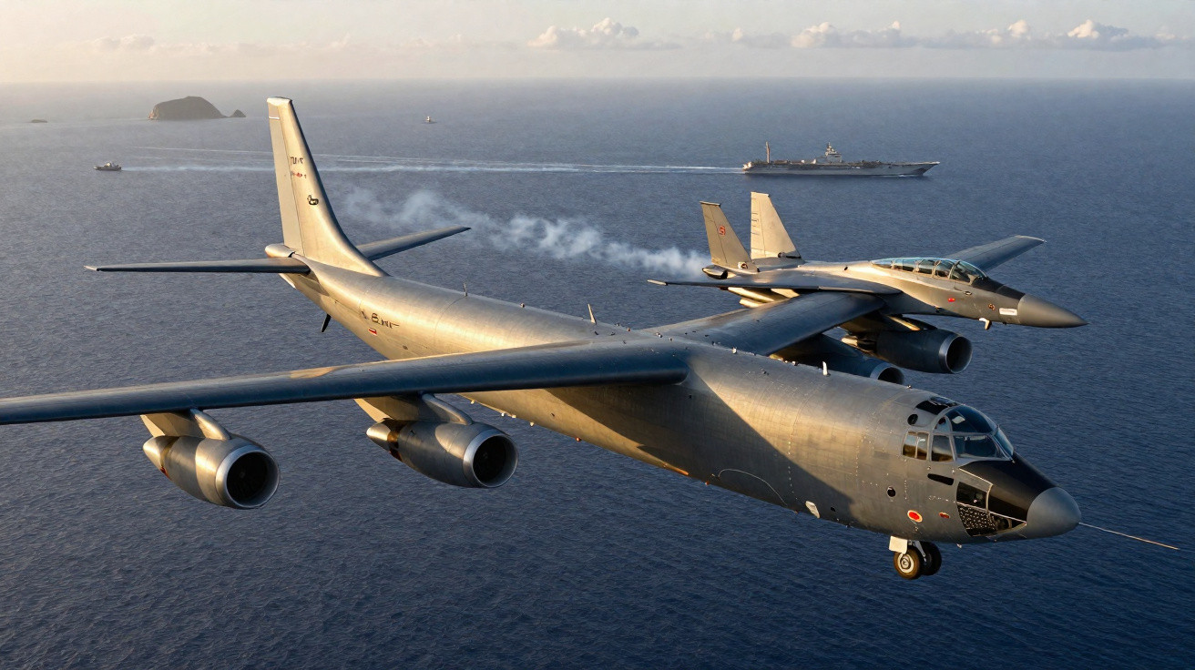 Duas aeronaves militares a sobrevoar o mar perto de um porta-aviões ao fundo, sob céu parcialmente nublado.