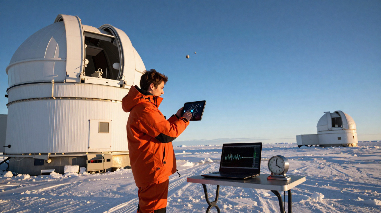 Pessoa com casaco laranja usando tablet na neve perto de telescópio com computador e relógio numa mesa.
