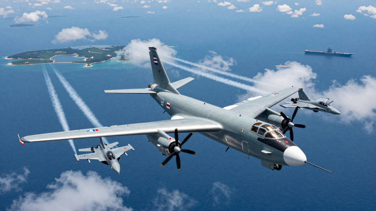 Avião militar russo TU-95 com dois caças escortando, voando sobre o oceano perto de uma ilha.