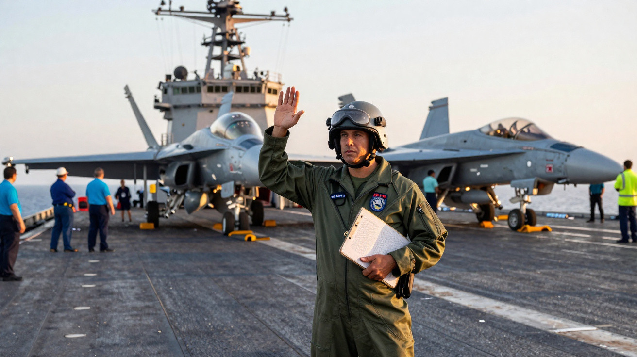 Militar em fato de voo e capacete levanta a mão em convés de porta-aviões com caças e marinha ao fundo.
