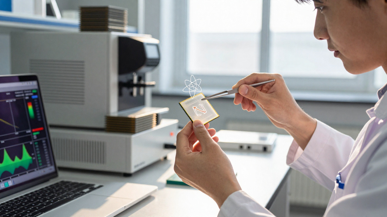 Cientista analisa chip tecnológico com símbolo atómico num laboratório moderno.