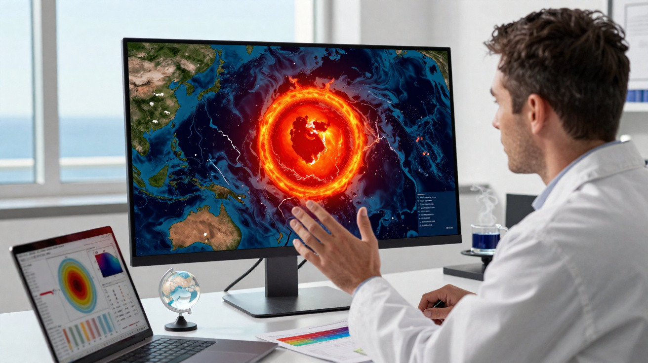 Homem em bata branca observa no ecrã grande um anel de fogo no oceano, com gráficos e mapas na secretária.