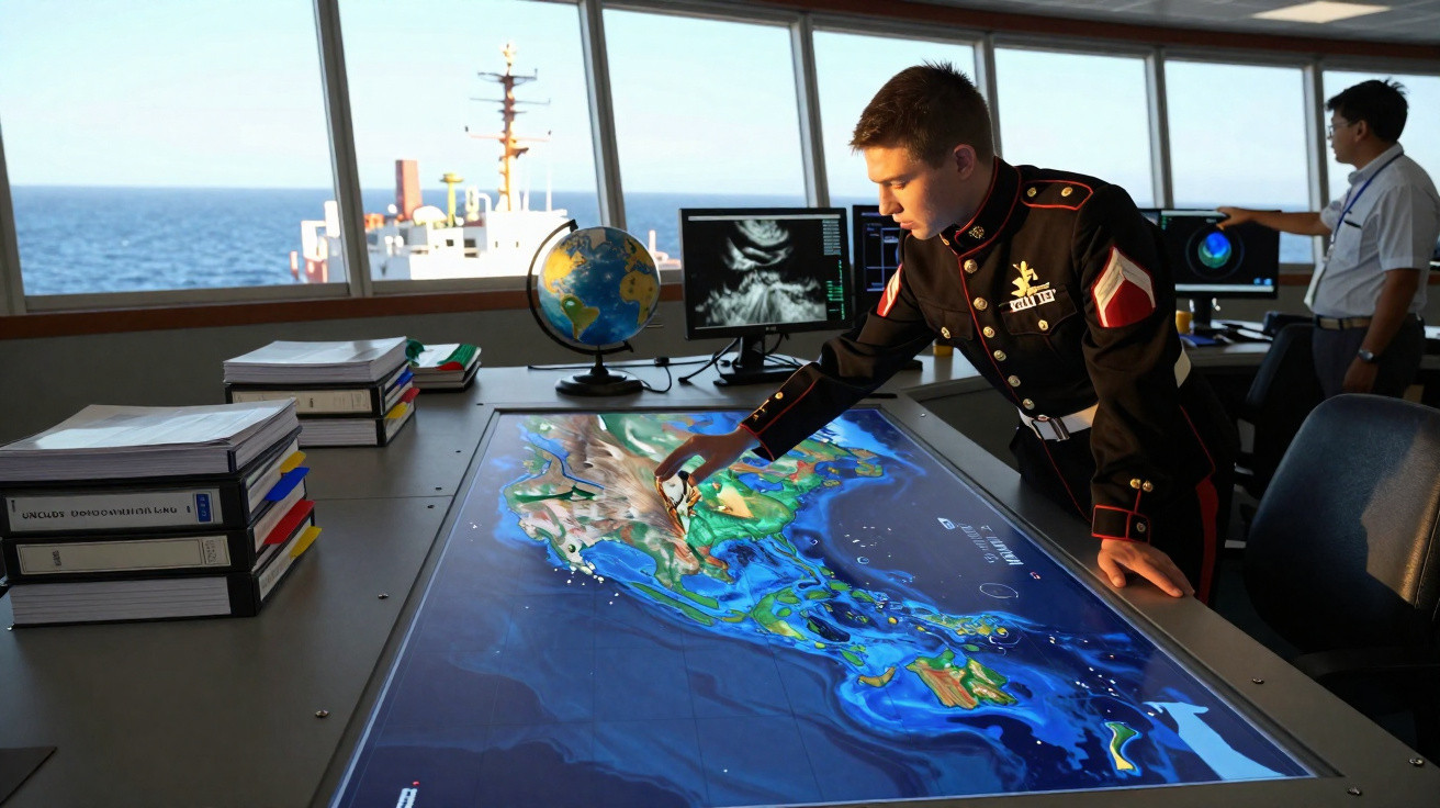 Militar a estudar mapa náutico digital interativo numa ponte de comando de navio com vista para o mar.