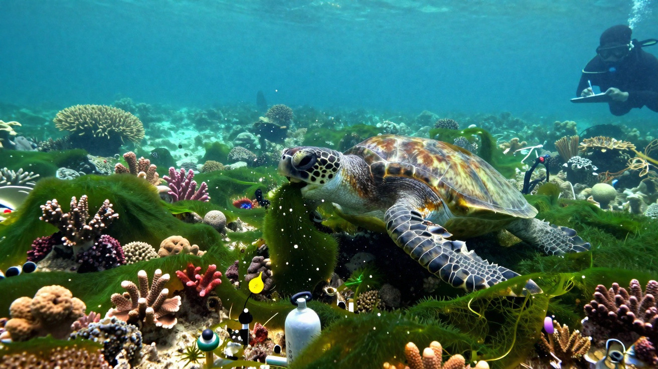 Tartaruga marinha a nadar sobre recife de coral colorido com mergulhador a observar e anotar dados.