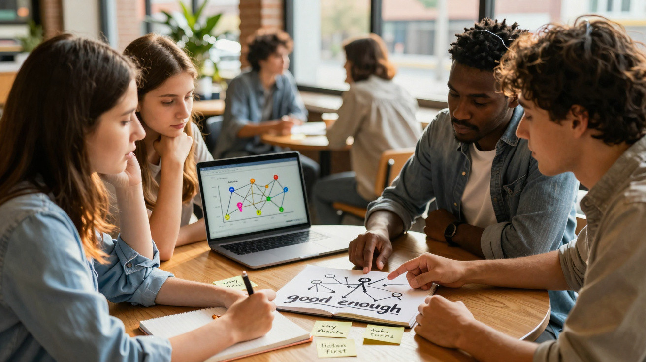 Grupo diversificado de jovens a discutir estratégias em torno de desenho e gráfico numa mesa de trabalho.