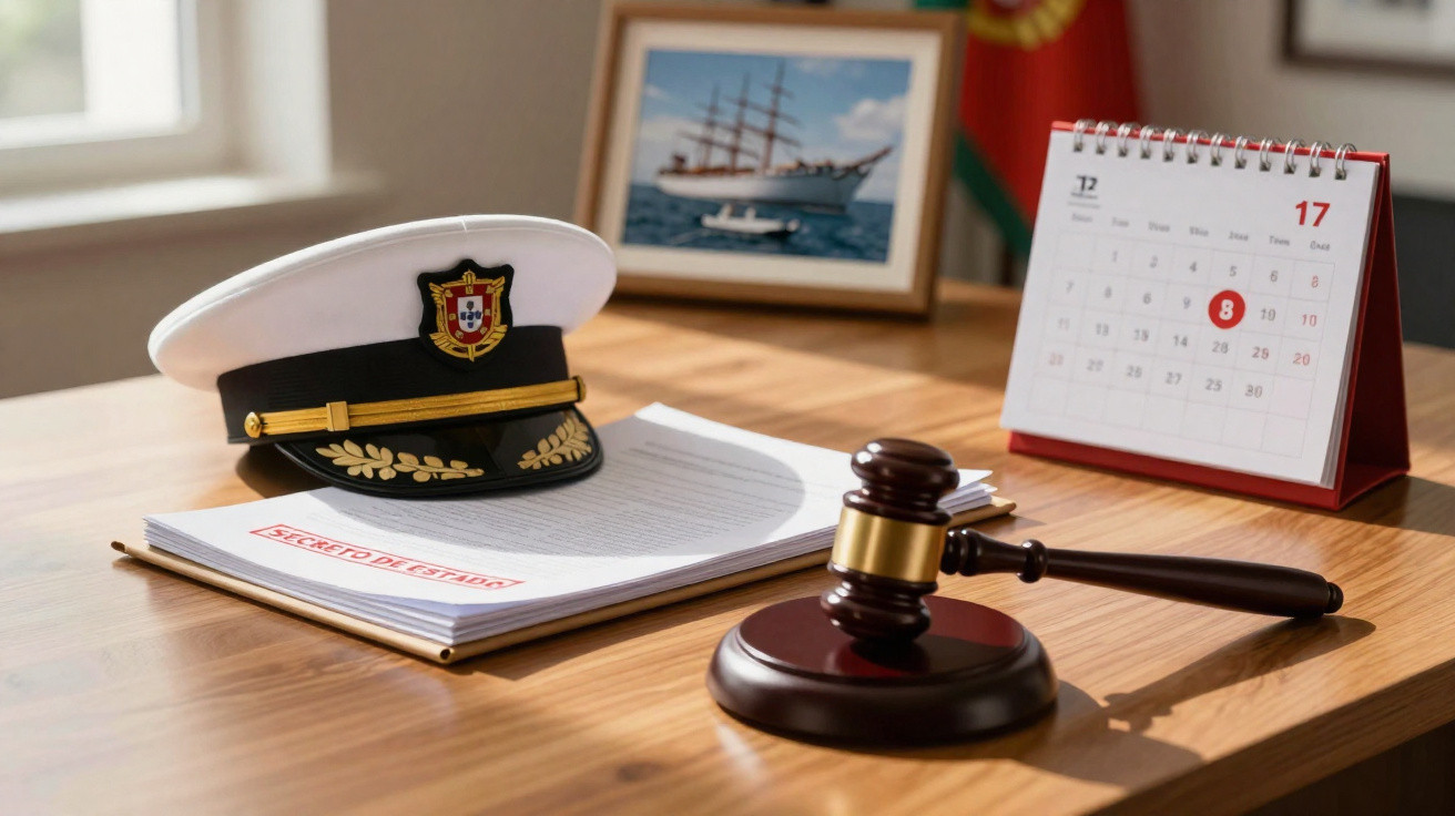 Chapéu naval, documento marcado "segredo de estado", martelo de juiz e calendário numa secretária.