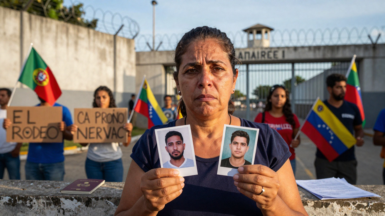 Mulher segura fotos de jovens em protesto junto a grupo com bandeiras de Portugal e Venezuela frente a penitenciária.