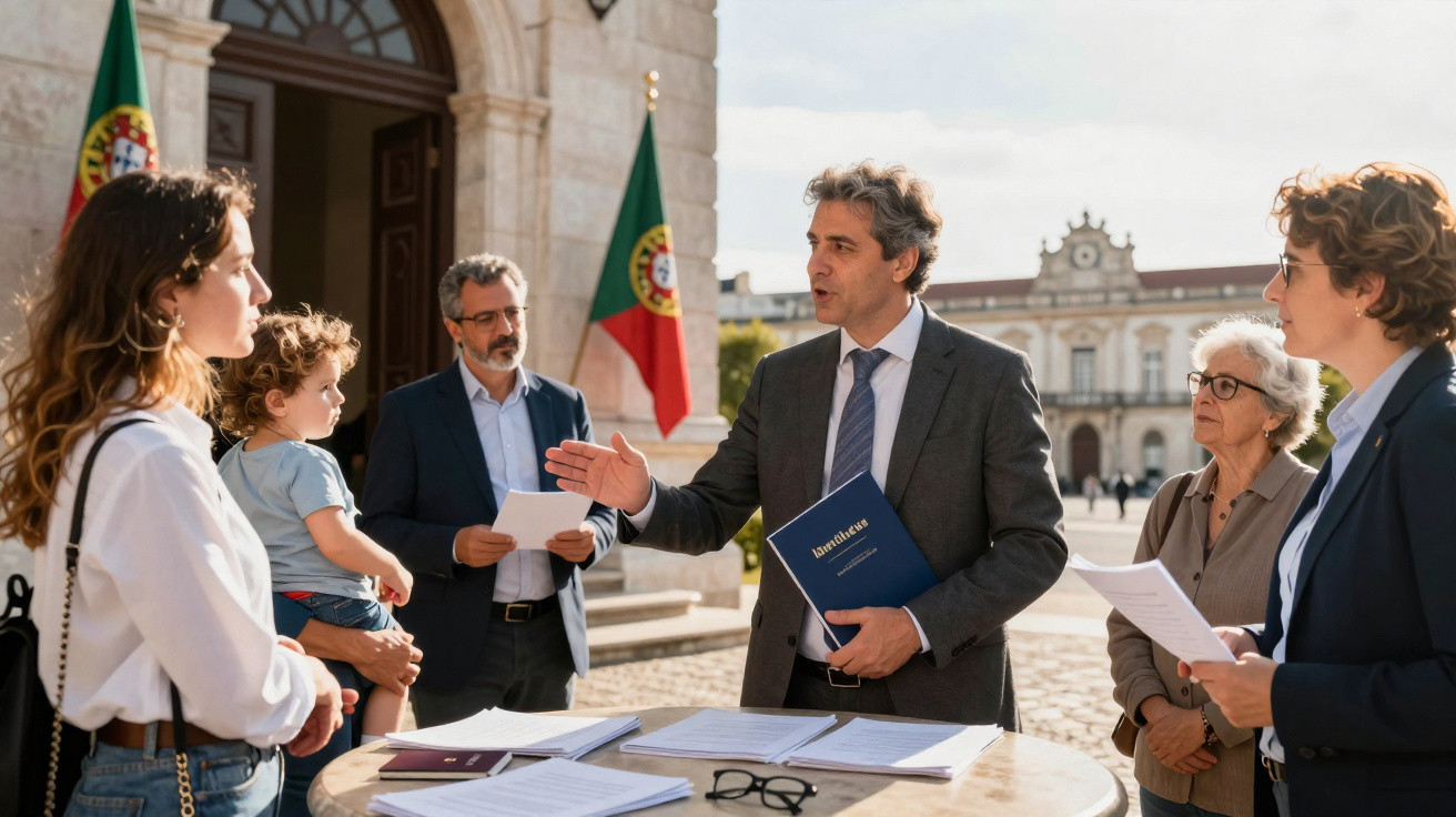 Grupo de pessoas a discutir documentos em frente a edifício oficial com bandeiras de Portugal.