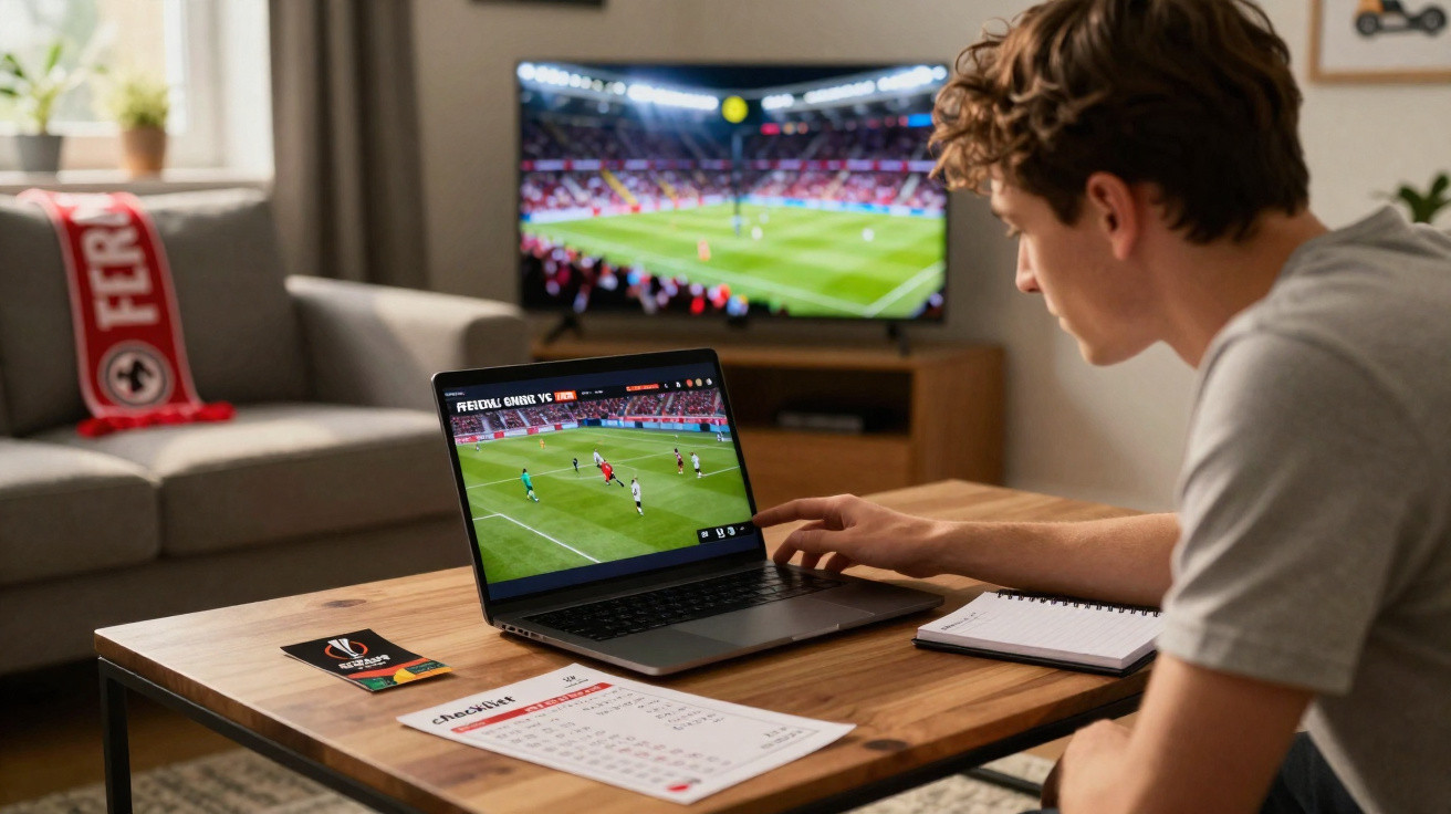 Jovem sentado a acompanhar jogo de futebol online num portátil com televisão ligada a transmitir a mesma partida.