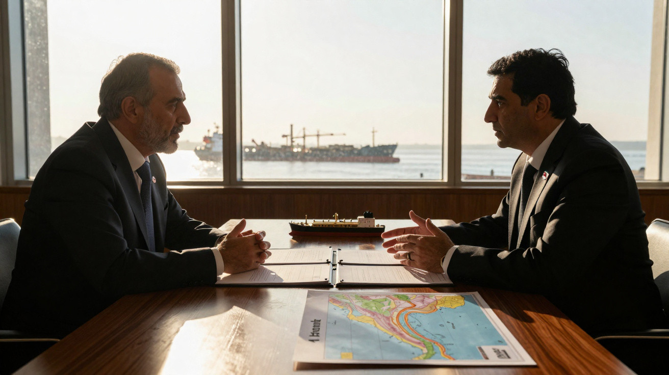 Dois homens de fato sentados à mesa de madeira com mapa e maquete de navio, com vista marítima ao fundo.