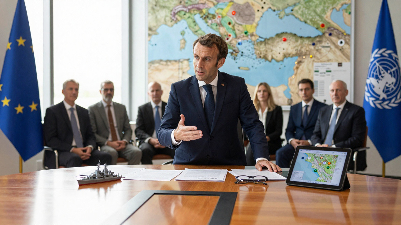 Homem em fato a liderar reunião com mapa e bandeiras da UE e ONU ao fundo, outras seis pessoas sentadas atrás.