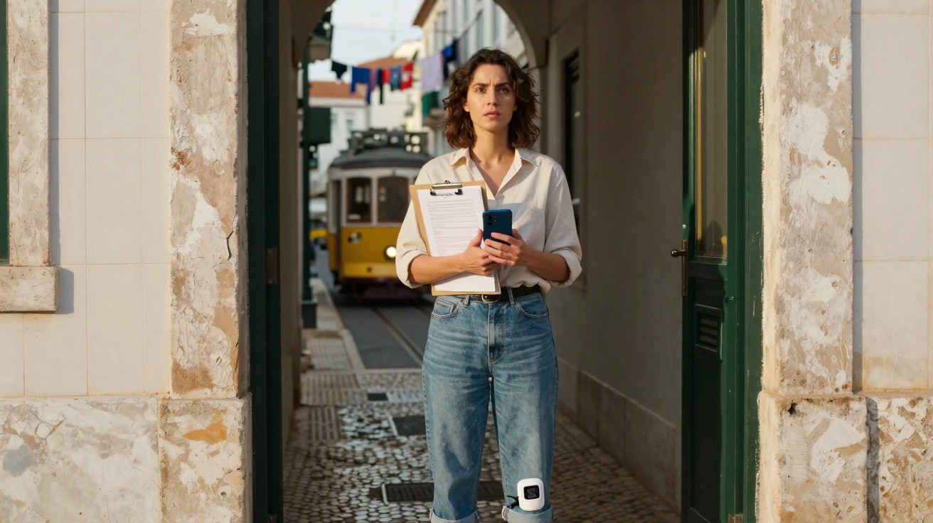 Mulher com clipboard e telemóvel num beco com eléctrico amarelo ao fundo numa cidade europeia.