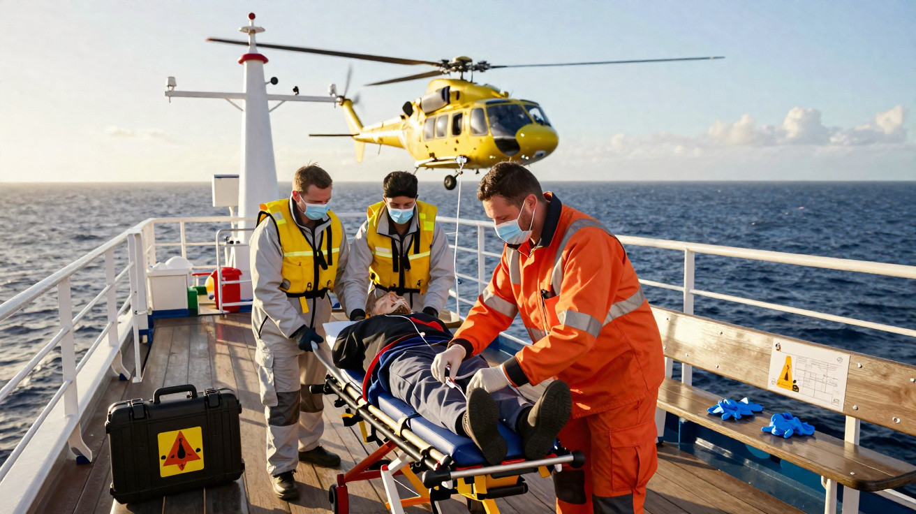 Equipa médica a socorrer doente numa maca num convés de navio com helicóptero a aterrar atrás.