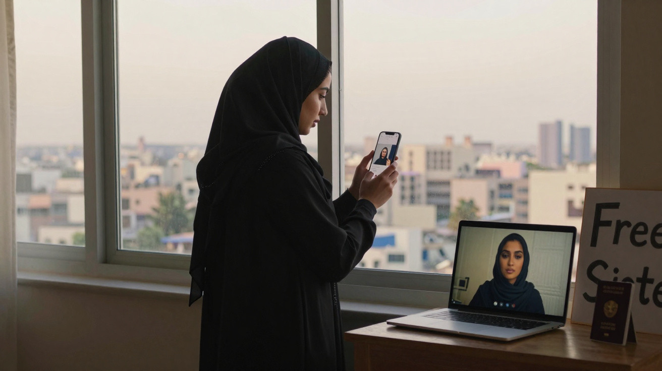 Mulher com hijab usa smartphone para videochamada, com imagem dela no ecrã do portátil numa sala iluminada.
