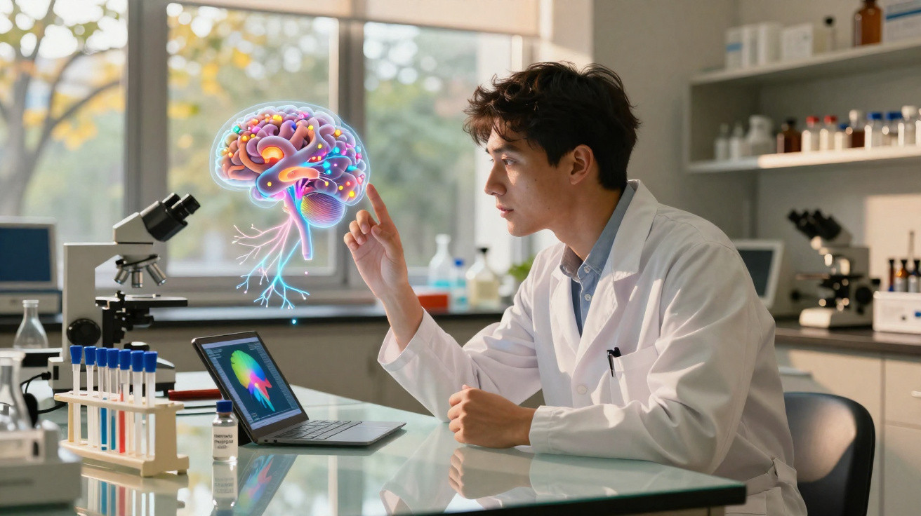 Cientista em laboratório interage com imagem digital colorida de cérebro flutuante à sua frente.