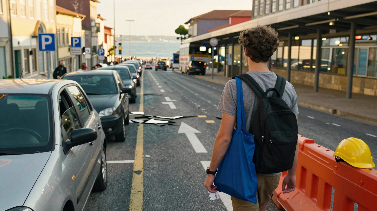 Jovem com mochila e saco azul caminha junto a carros estacionados numa rua urbana com barreira laranja e capacete amarelo.