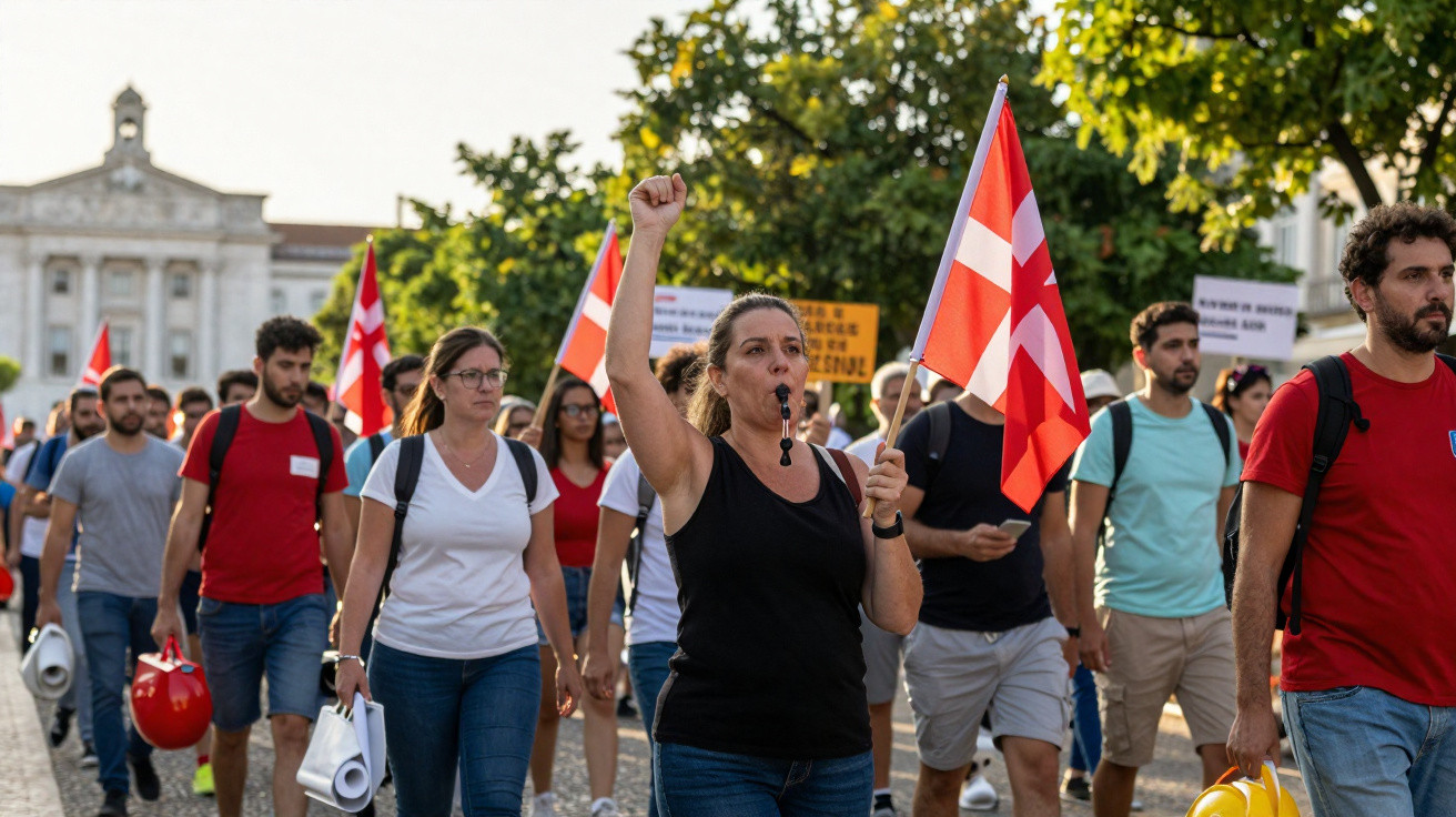 Manifestantes com bandeiras e cartazes participam em protesto ao ar livre em frente a edifício histórico.
