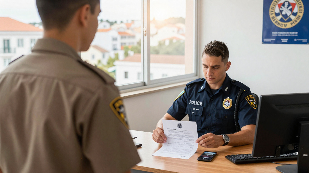 Polícia sentado a examinar um documento enquanto outro polícia está em pé à sua frente num escritório.