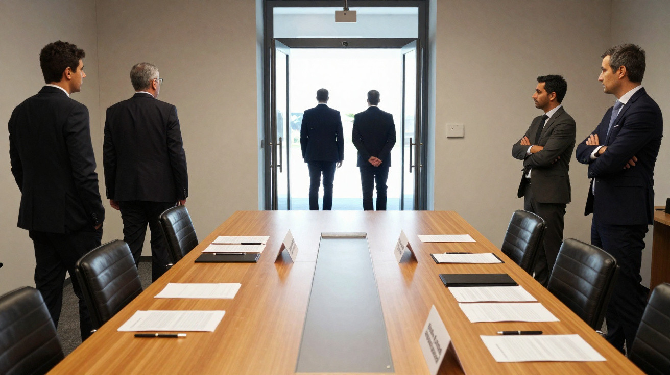 Seis homens de fato numa sala de reuniões, três olhando para a janela e três para a mesa de madeira.