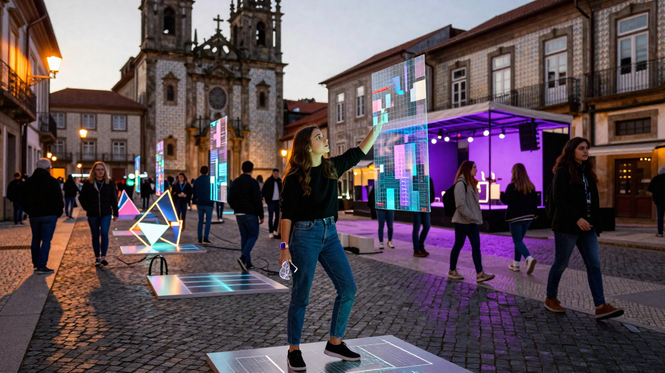 Jovem interage com arte digital iluminada em praça histórica ao entardecer, com pessoas e igreja ao fundo.