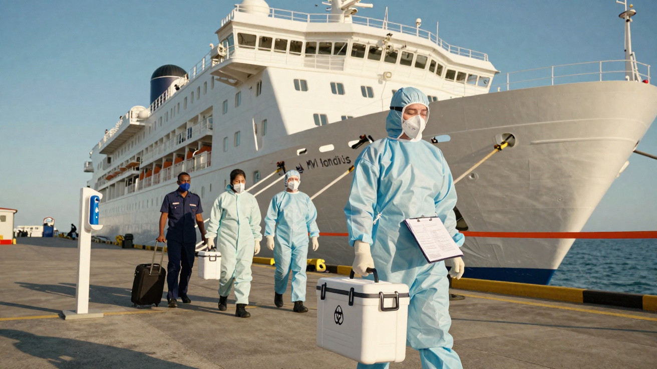 Equipa de profissionais com equipamento de proteção a desembarcar de cruzeiro no cais para recolher amostras.