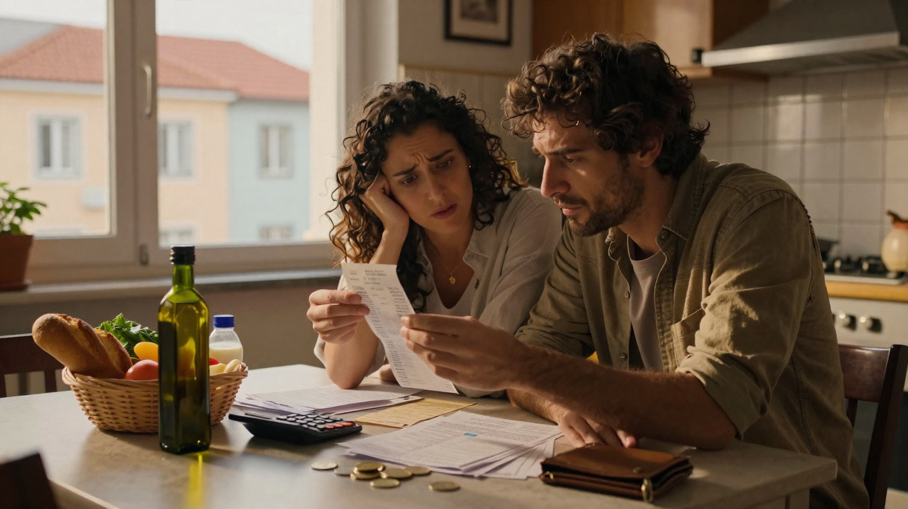 Casal sentado à mesa da cozinha a analisar contas e documentos com expressão preocupada.