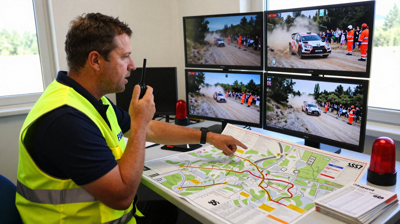 Homem com colete amarelo usa rádio e aponta para mapa enquanto monitora rally em quatro ecrãs.