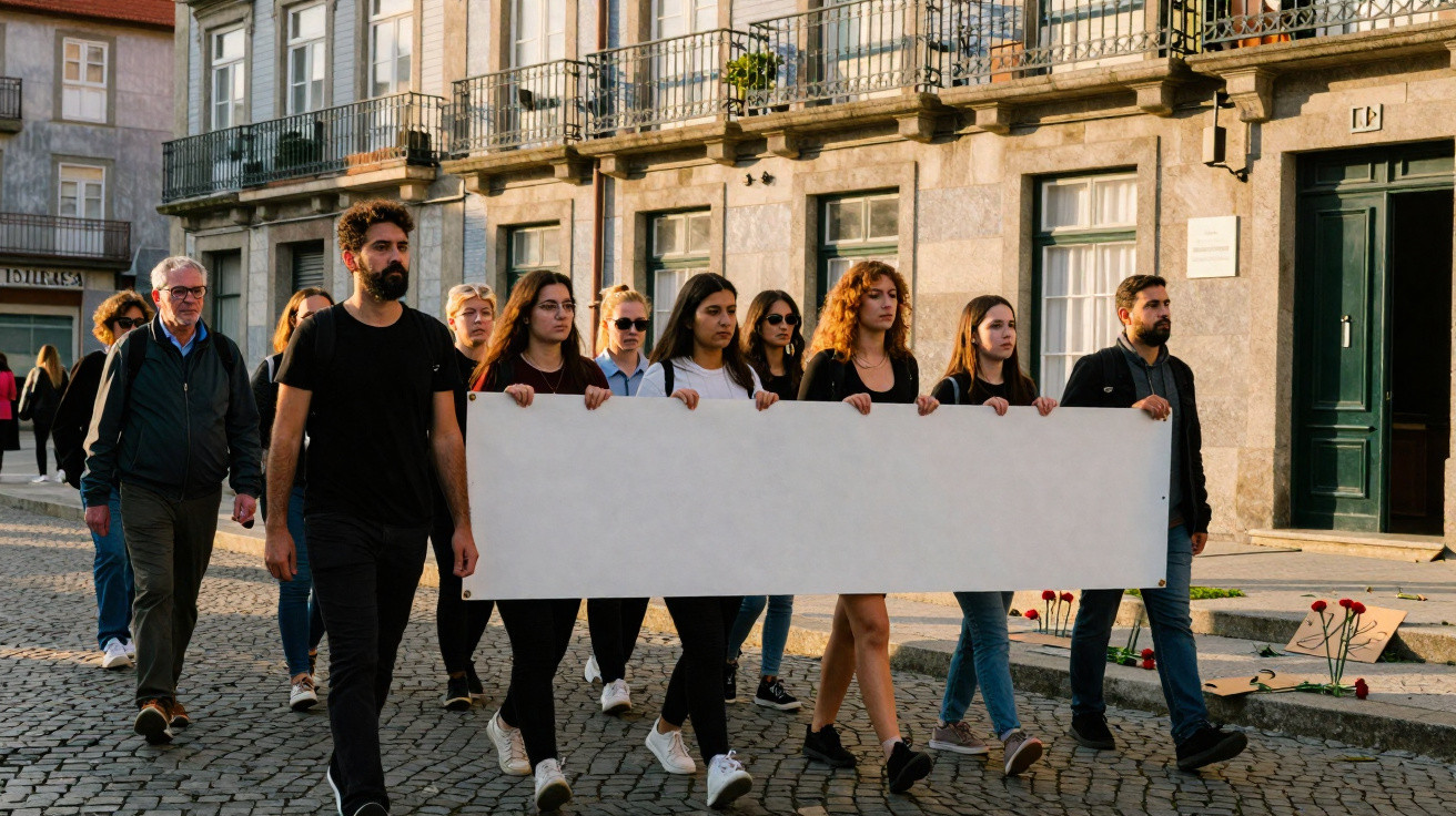 Grupo de pessoas a marchar numa rua ladeada por edifícios, segurando um cartaz branco vazio.