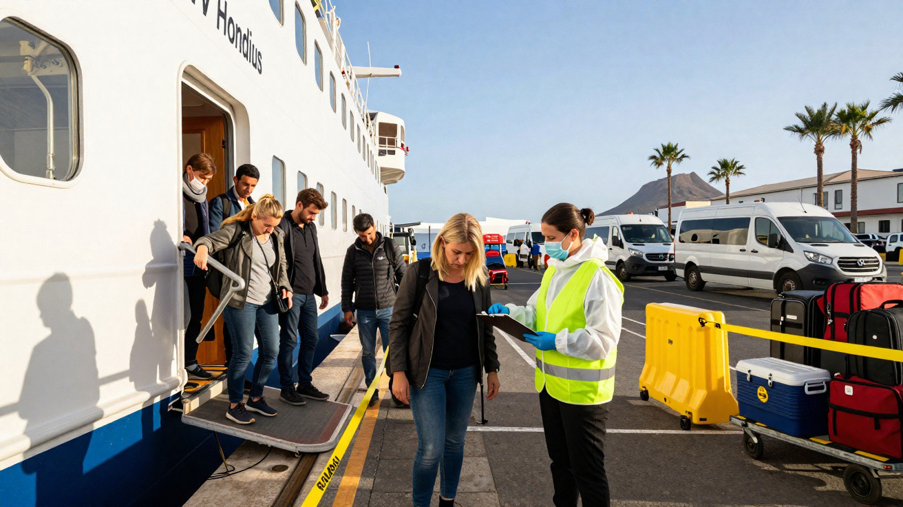 Passageiros desembarcando de ferry e sendo verificados por funcionária com máscara e colete refletor.