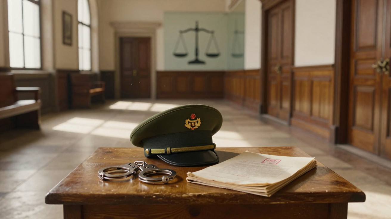 Mesa com algemas, chapéu militar e documentos numa sala de tribunal com símbolo da balança da justiça ao fundo.