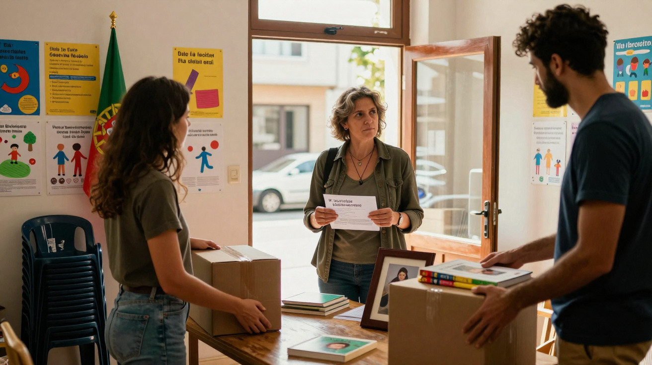 Três pessoas num centro comunitário a entregar e receber caixas com livros e materiais educativos.