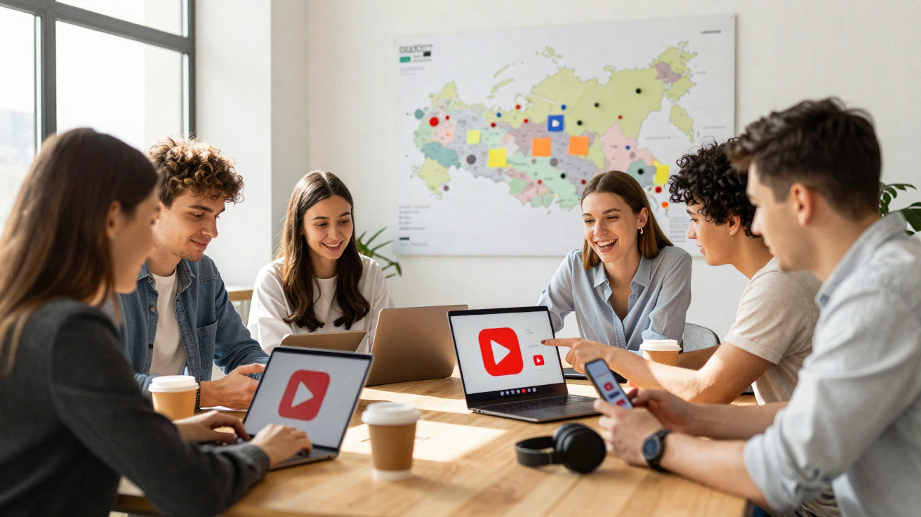 Grupo de jovens a trabalhar em equipa com laptops e telemóvel, exibindo o logo do YouTube.