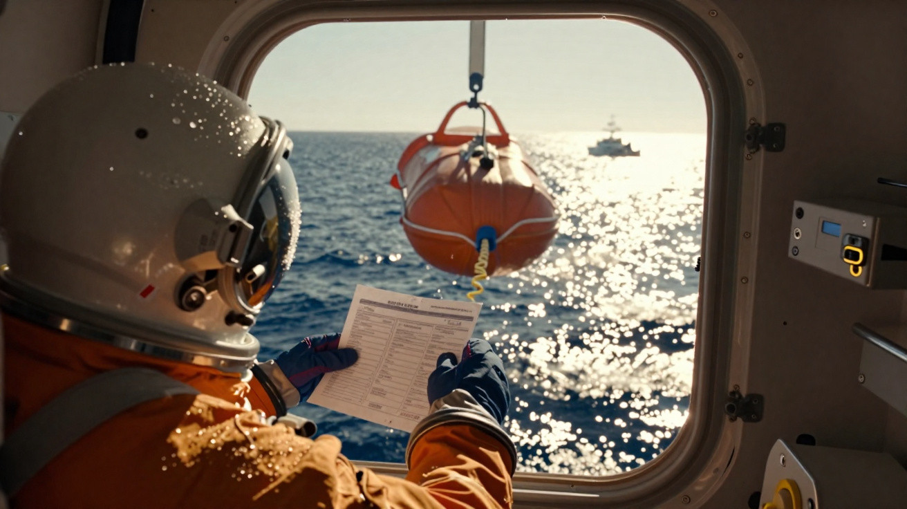 Astronauta num fato espacial a analisar documentos dentro de uma cápsula sobre o mar.