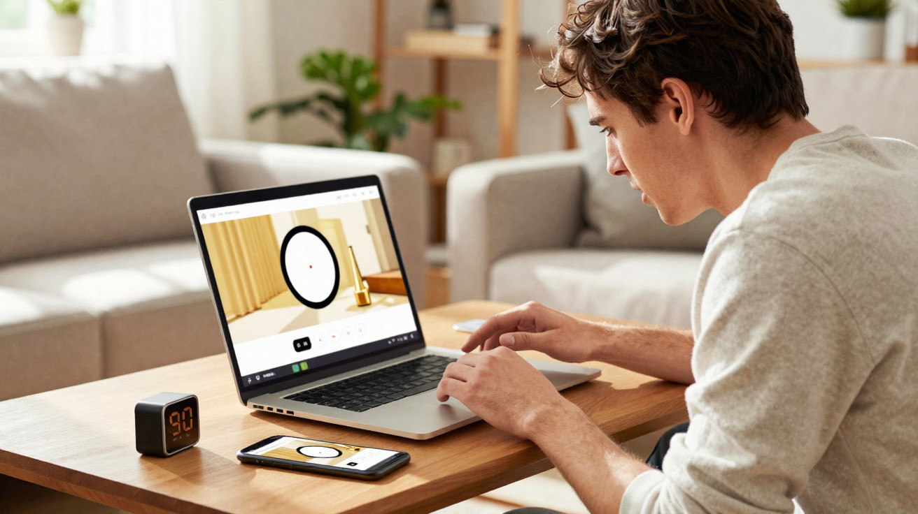 Homem sentado a usar computador portátil numa sala com relógio digital e smartphone na mesa.