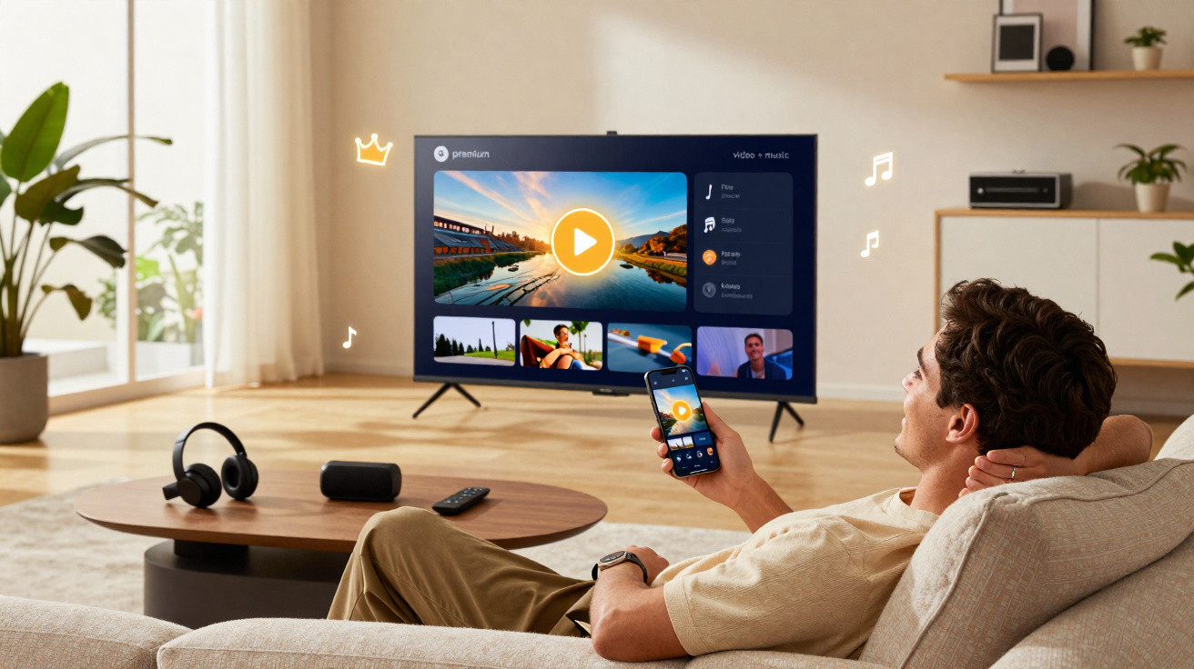 Homem relaxado no sofá a controlar a reprodução de música na TV com telefone numa sala moderna.