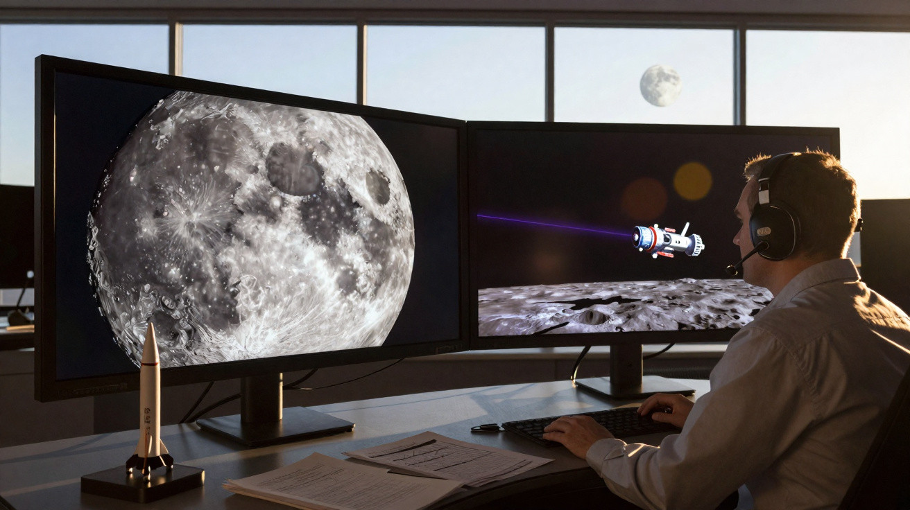 Homem com auriculares controla simulação da superfície lunar em dois ecrãs num escritório iluminado pela luz do dia.