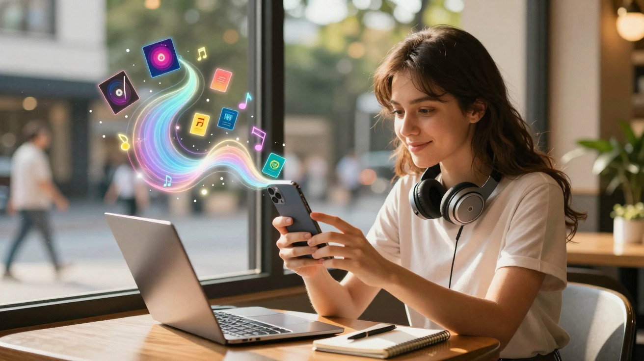 Jovem com auscultadores ao pescoço utiliza smartphone num café, com ícones coloridos de música a fluir para o laptop.