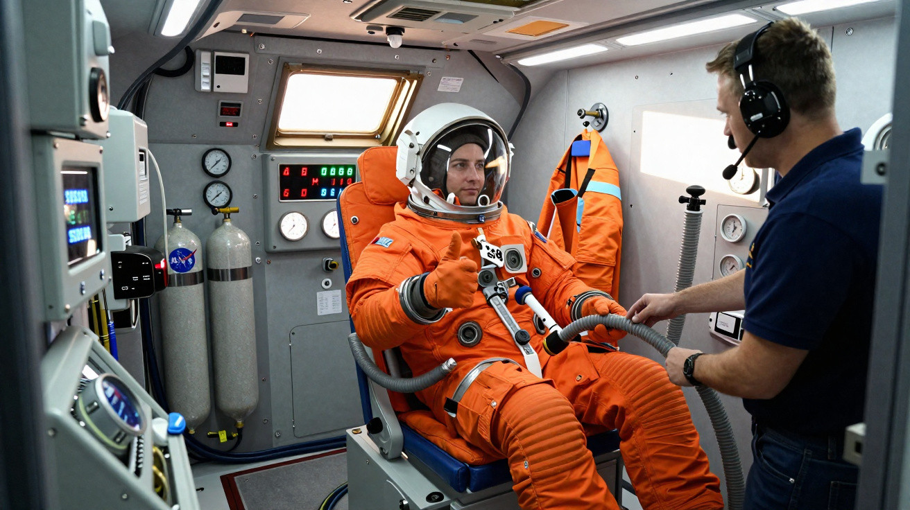 Astronauta em fato espacial laranja sentado em simulador, com técnico a ajustar equipamento dentro de cabine técnica.