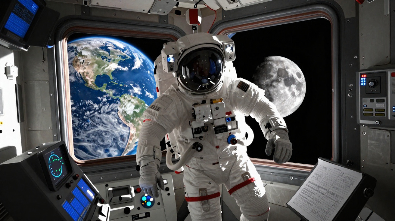 Astronauta em fato espacial dentro de módulo na estação com terra e lua visíveis pelas janelas.