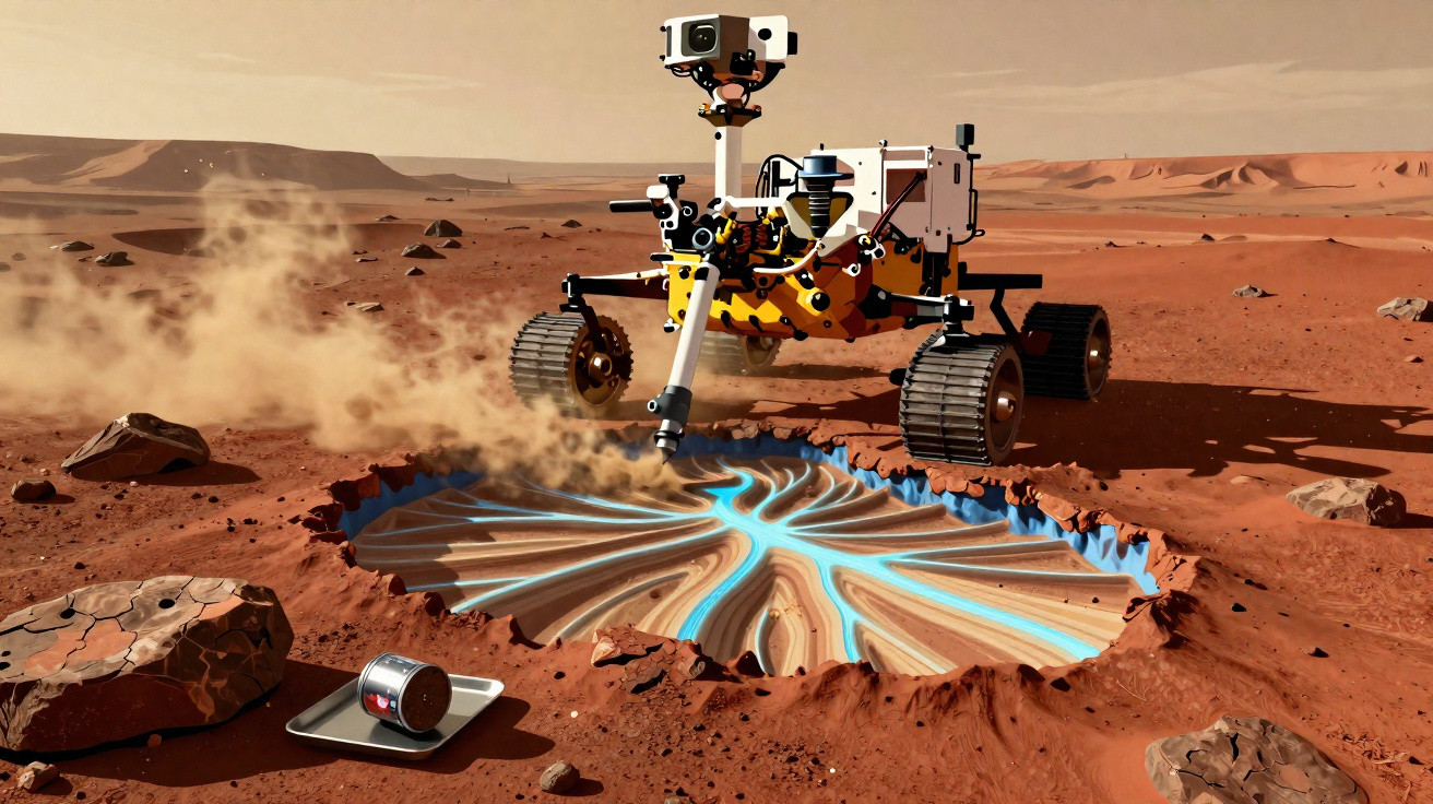 Rover exploratório analisa solo marciano com estrutura robótica num ambiente árido e avermelhado.