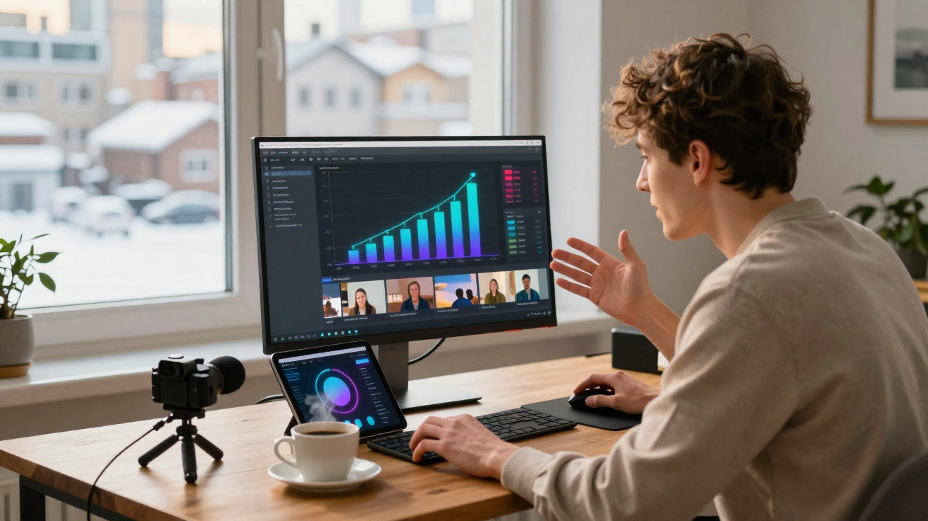 Pessoa a participar numa videoconferência enquanto analisa gráficos de crescimento num ecrã de computador portátil.