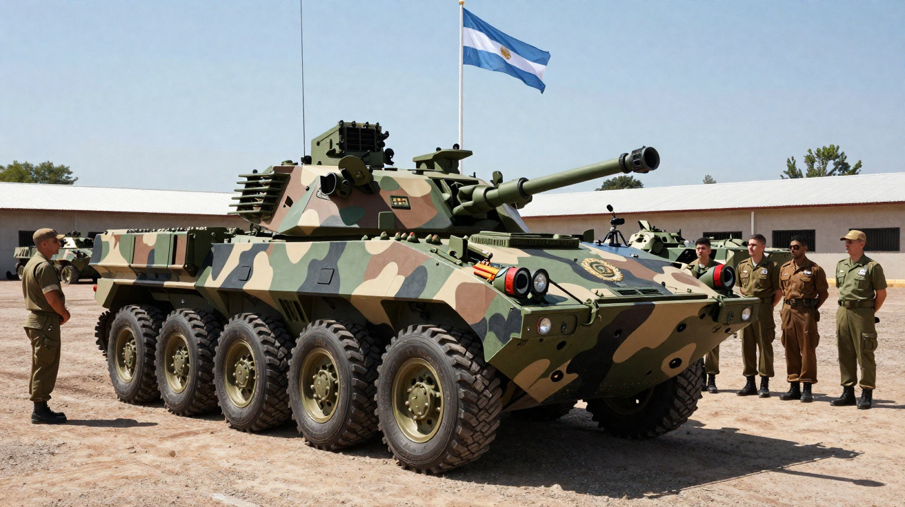 Veículo blindado militar de rodas com camuflagem, soldados e bandeira da Argentina ao fundo.